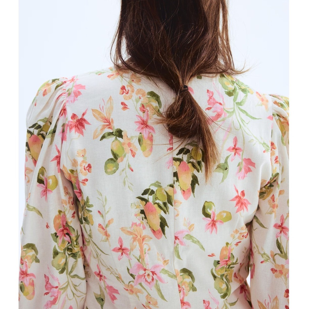 H&M Linen Blend Floral Citrus Puff Sleeve Button Front Mini Dress Cream XL - Picture 5 of 13